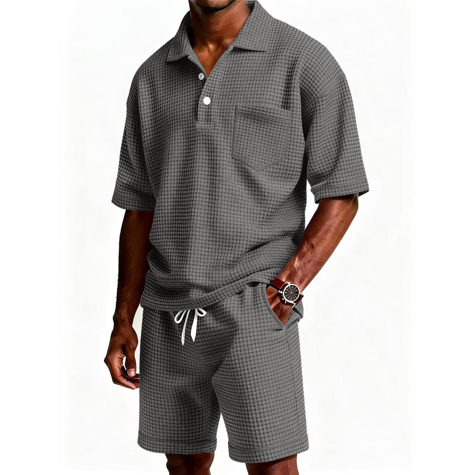 Men's Solid Color Lapel Short-Sleeve Shorts Set Efd91a0c 6ff9 4c35 Ae5f 1da4b9527fba