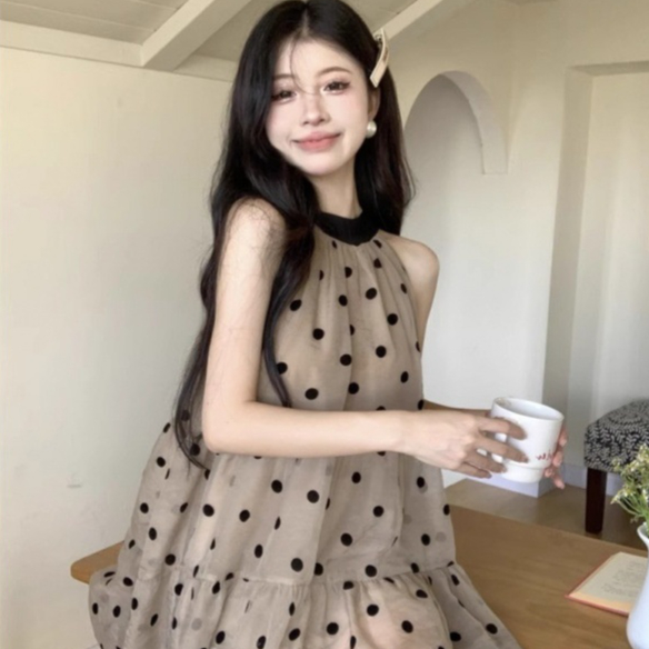French-style Sleeveless Off-Shoulder Polka-Dot Dress