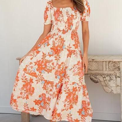Bohemian Floral Square-Neckline Resort Long Dress