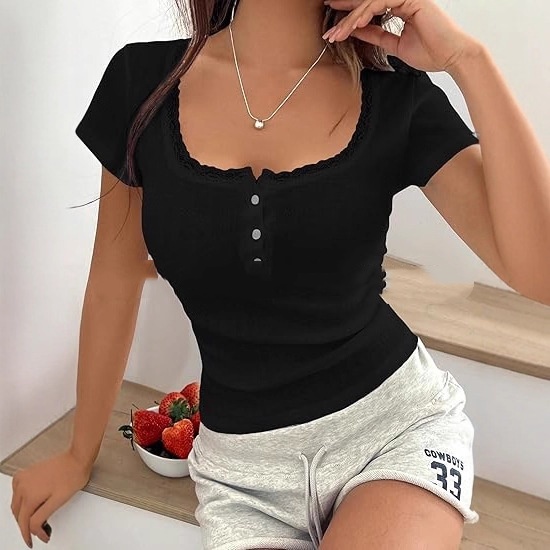 Autumn Winter Lace-trimmed Button V-Neck Fashionable Short-Sleeve Slim-fit Long-Sleeve Top