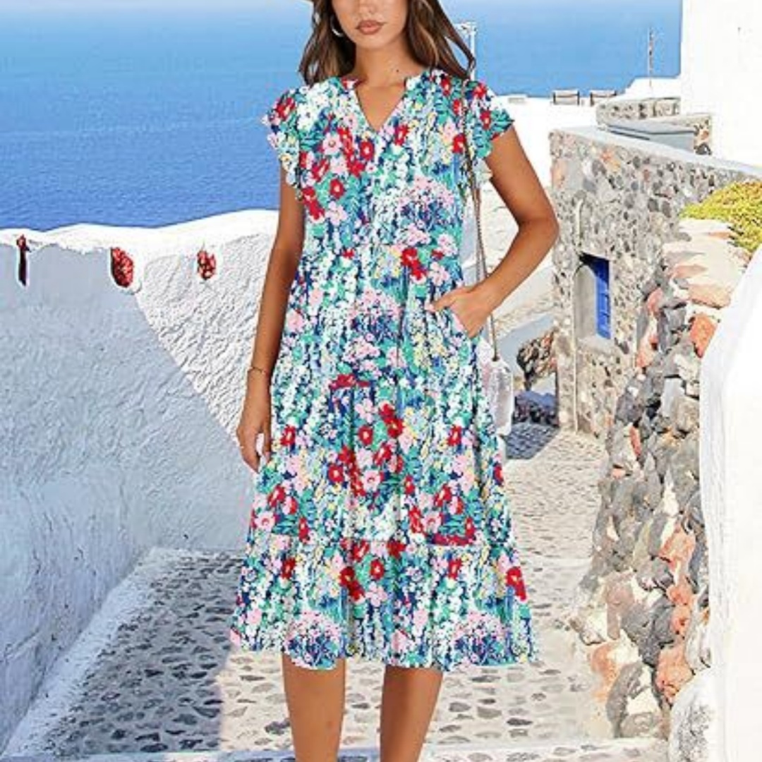 Summer Elegant Printed Dress With Ruffle Sleeves