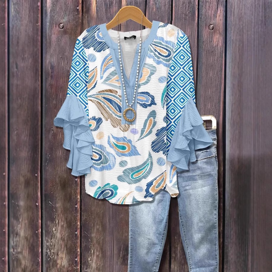 V-neck Fashion Lotus Edge T-shirt Women's Top