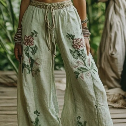 Vintage-style Hemp Sand-washed Casual Long Pants With Wide Legs