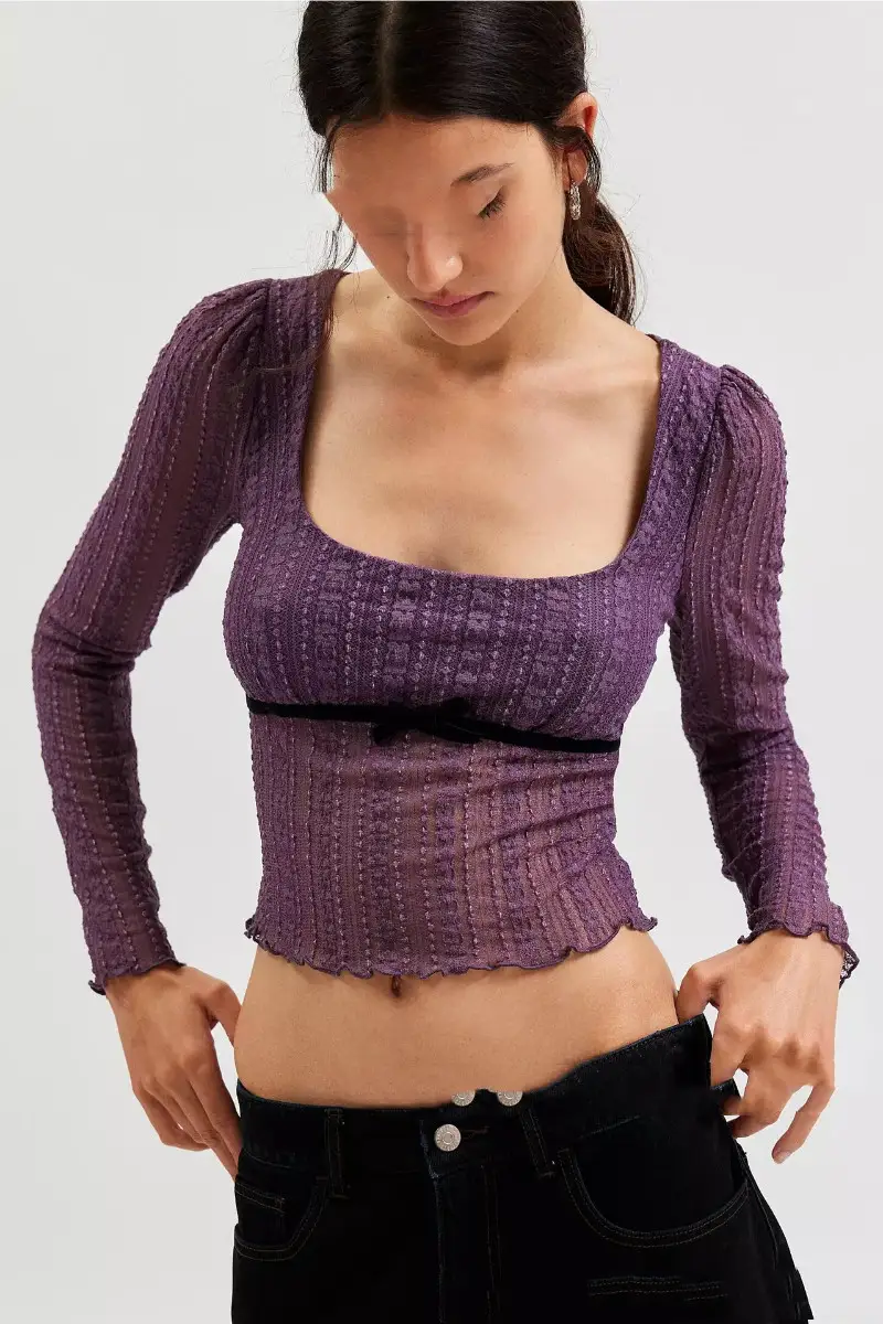 Sweet Alluring Lace Bow-Knot Patchwork Color-Block T-Shirt Cross-Border Round Neck Slim-Fit Slightly Sheer Short Top