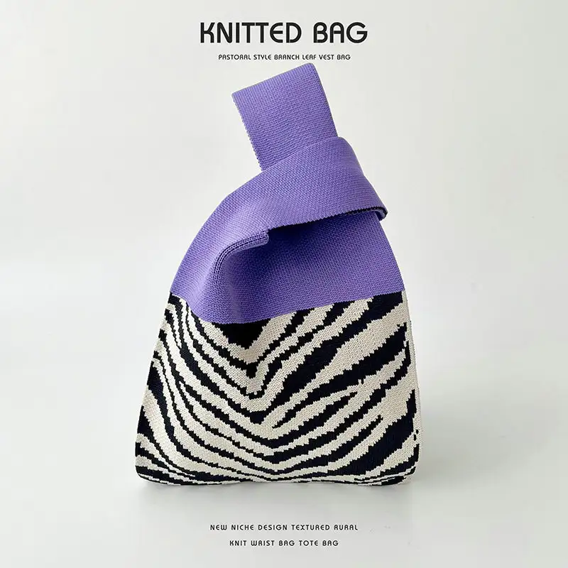 Knitted Contrasting Striped Wrist Bag Knitted Handbag