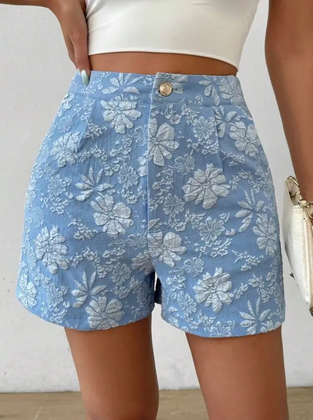 Summer Womens Textured Jacquard Vintage High Waist Straight Leg Shorts