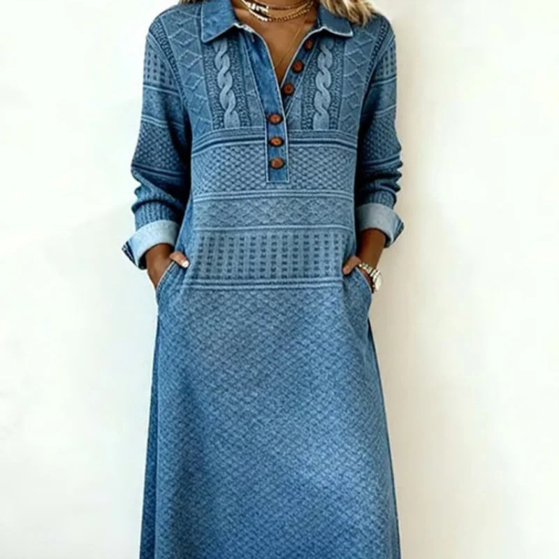 Solid-color Lapel Long-sleeve Dress For Women