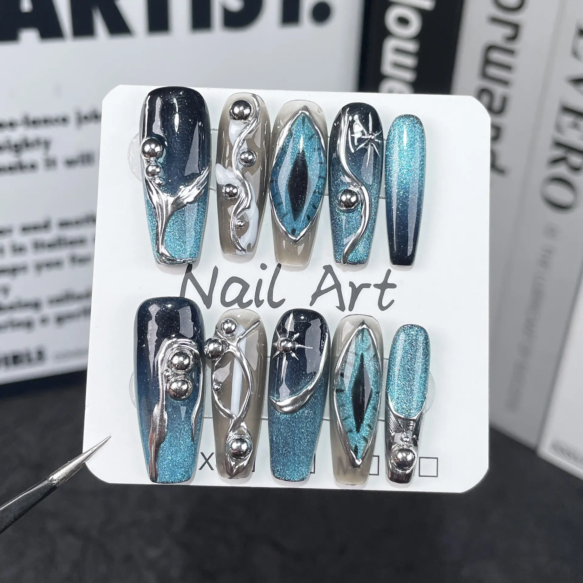 Handmade Wearable Nails EuropeanAmerican Dark Style Devils Eye Design Irregular Creative Hand-Painted