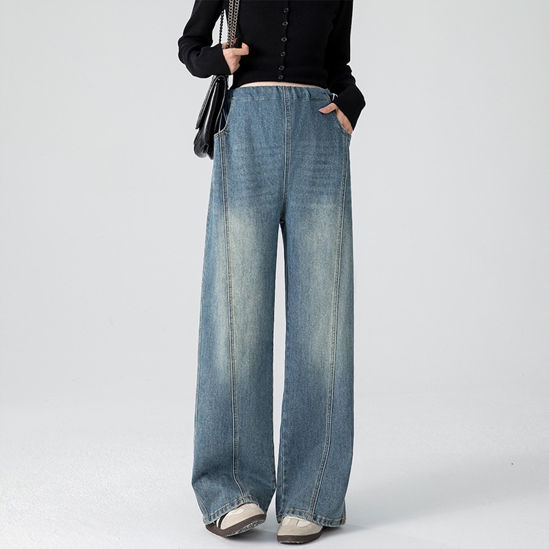 Retro Loose Straight-Leg High-Waist Floor-Length Wide-Leg Maternity Jeans
