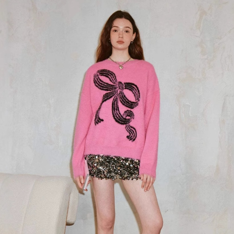 Bow-knot Plush Knitted Relaxed-fit Crewneck Sweater