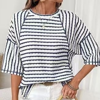 Casual Loose-fit Striped Crewneck Color-block Short-sleeve T-shirt