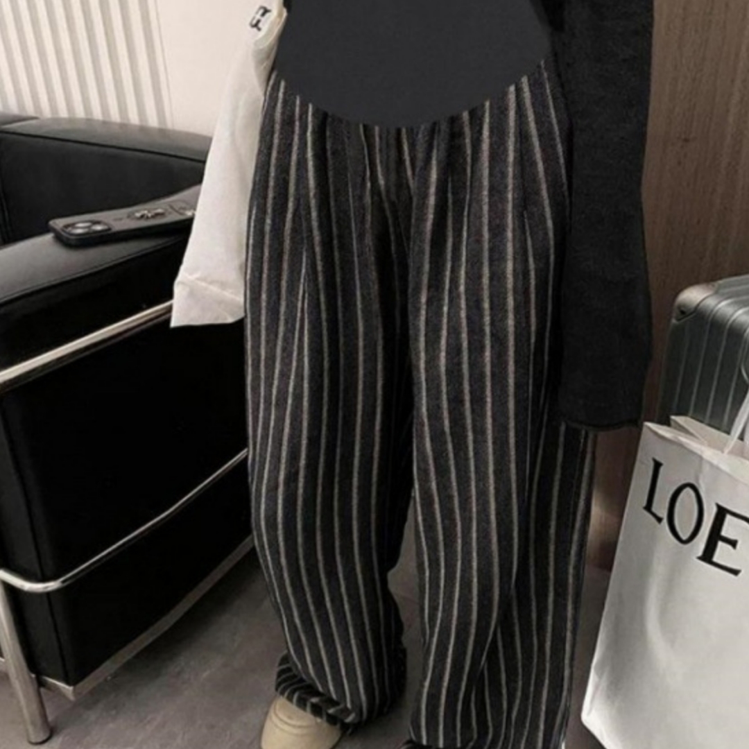 Laid-back Style Vertical Stripe Loose High-Waist Wide-Leg Maternity Pants