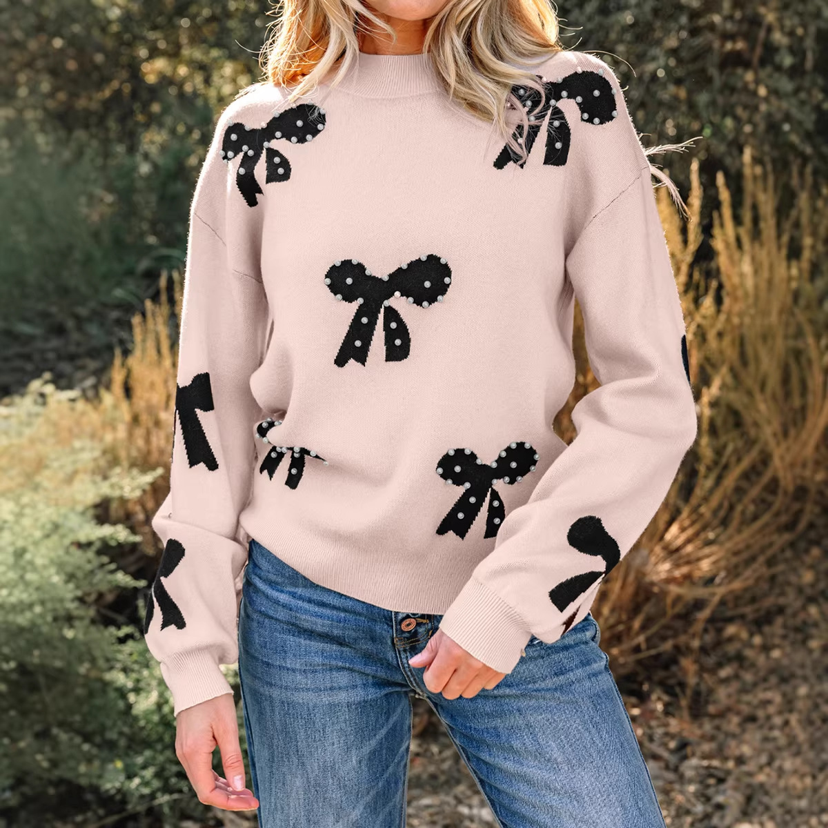 Women's Printed Crew-Neck Beaded Sweater