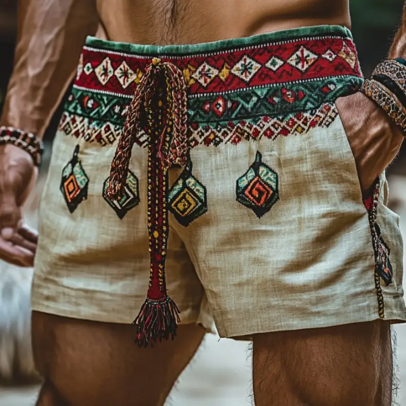 Men's Holiday Bohemian Ethnic Casual Breathable Linen Shorts