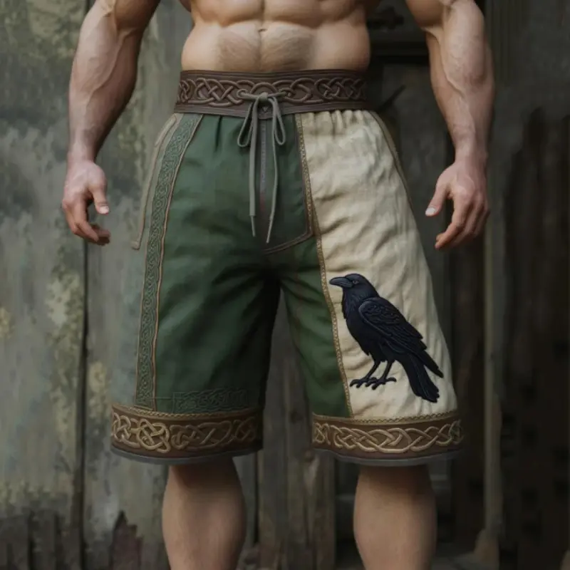 Men's Vintage Viking Dark Raven With Celtic Knot Art Casual Linen Shorts