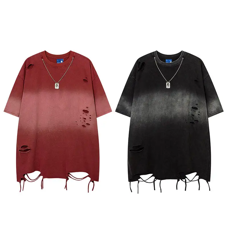 High-street Ombre Distressed Washed-out Couples Ripped Short-sleeve Tops