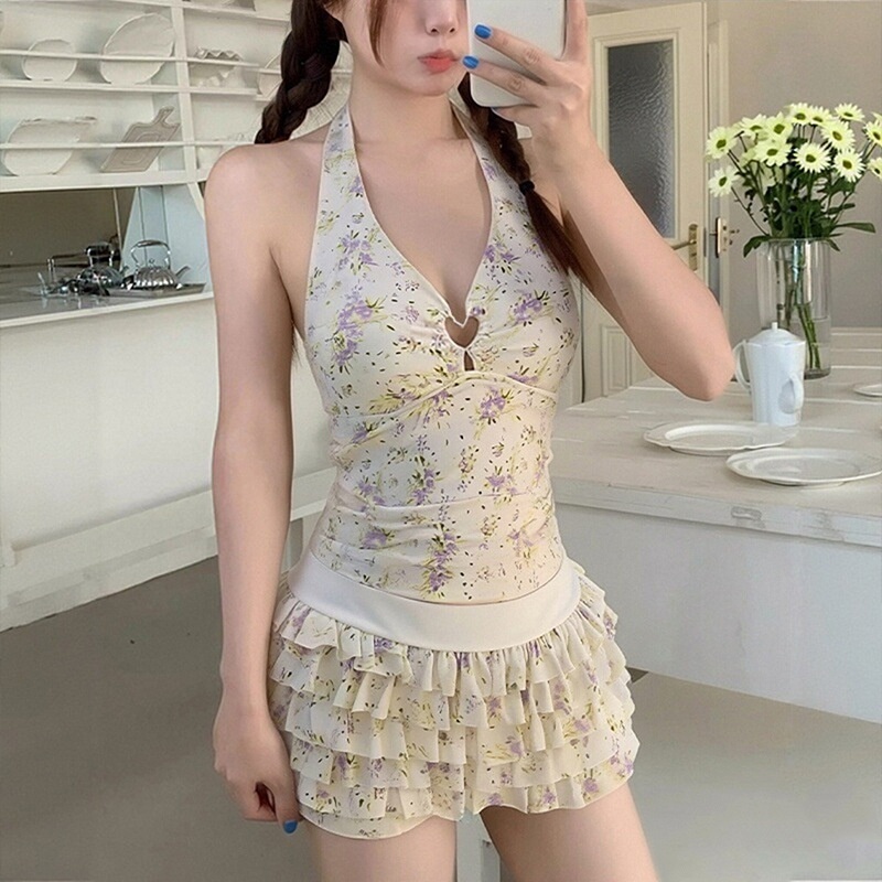 Womens Floral Halter Neck, Low-Chest Push-Up Two-Piece Skirted Swimsuit