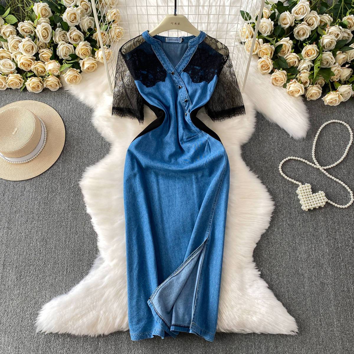 Cross V-neck Lace Stitching Dress