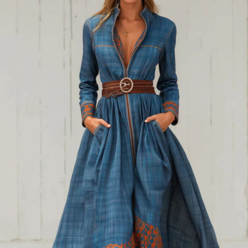 Color-blocked Floral Patterned Stand-up Collar Fitted Waist Casual Long Dress