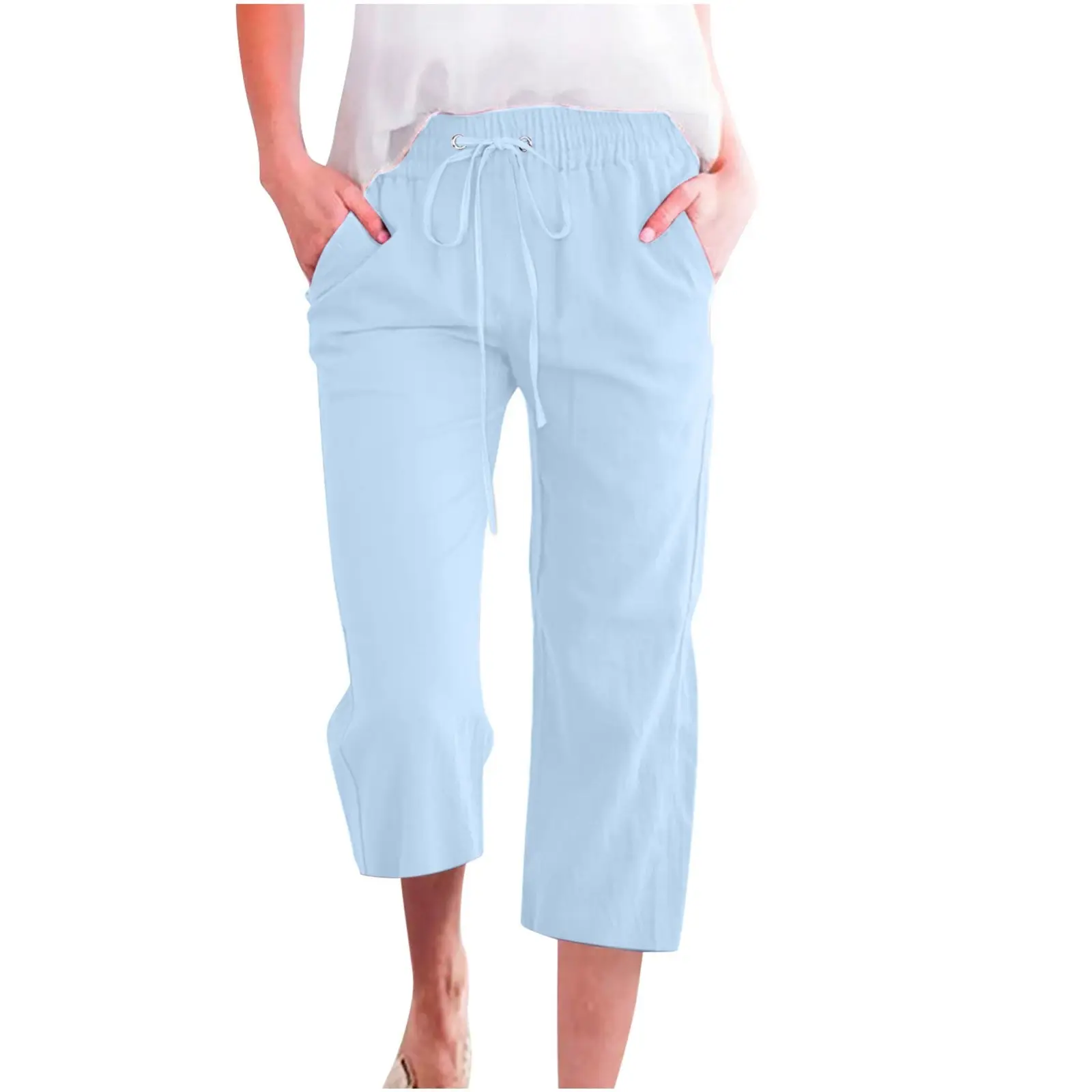Women's Solid Color Drawstring Cotton And Linen Casual Loose Straight Pocket Home Cropped Pants