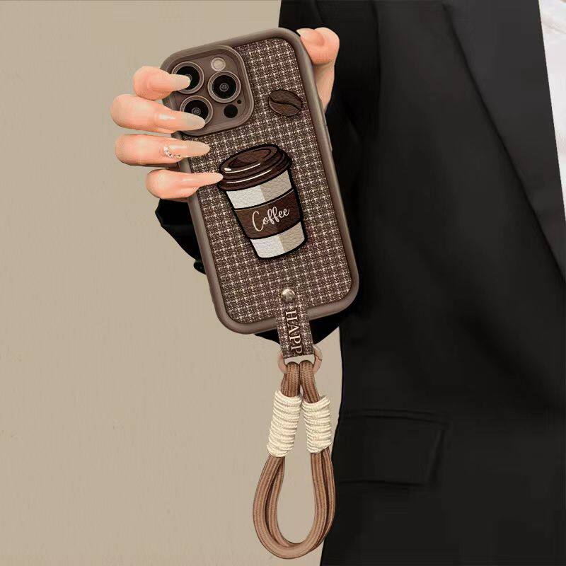 Plaid Coffee-Style Phone Case With Lanyard
