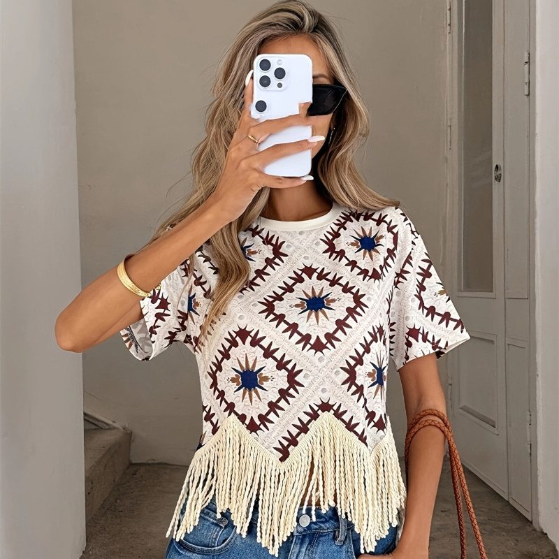 Travel Outfit Ethnic-style Tassel Outerwear For Travel Photos Bohemian Sanya Womens Short-sleeve T-shirt