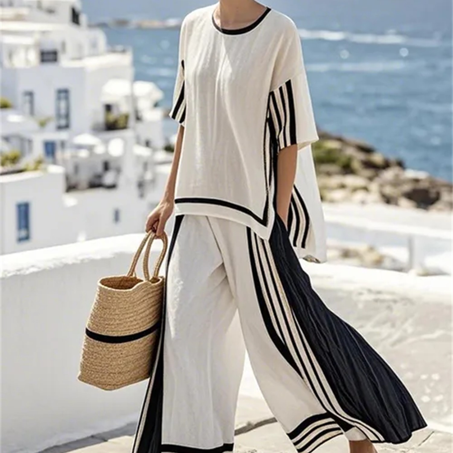 Women'S Loose Slit Contrast Striped Pants Set