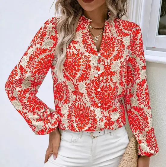 Vintage Victorian Damask Print Ruffled Collar Blouse