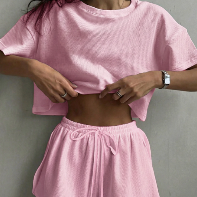 Womens Casual Two-Piece Set Short-Sleeve Top With Elastic Waist Shorts