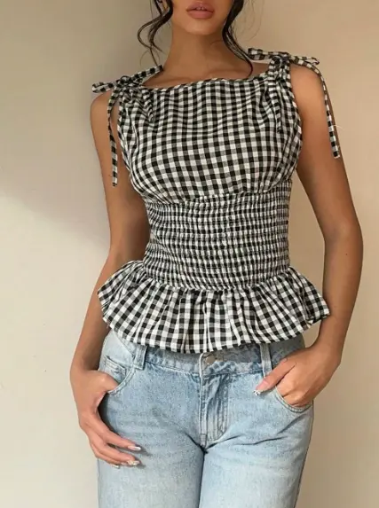Womens Plaid Retro Romantic Date Afternoon Tea Bow-neck Slim-fit Ruffle-edged Vest