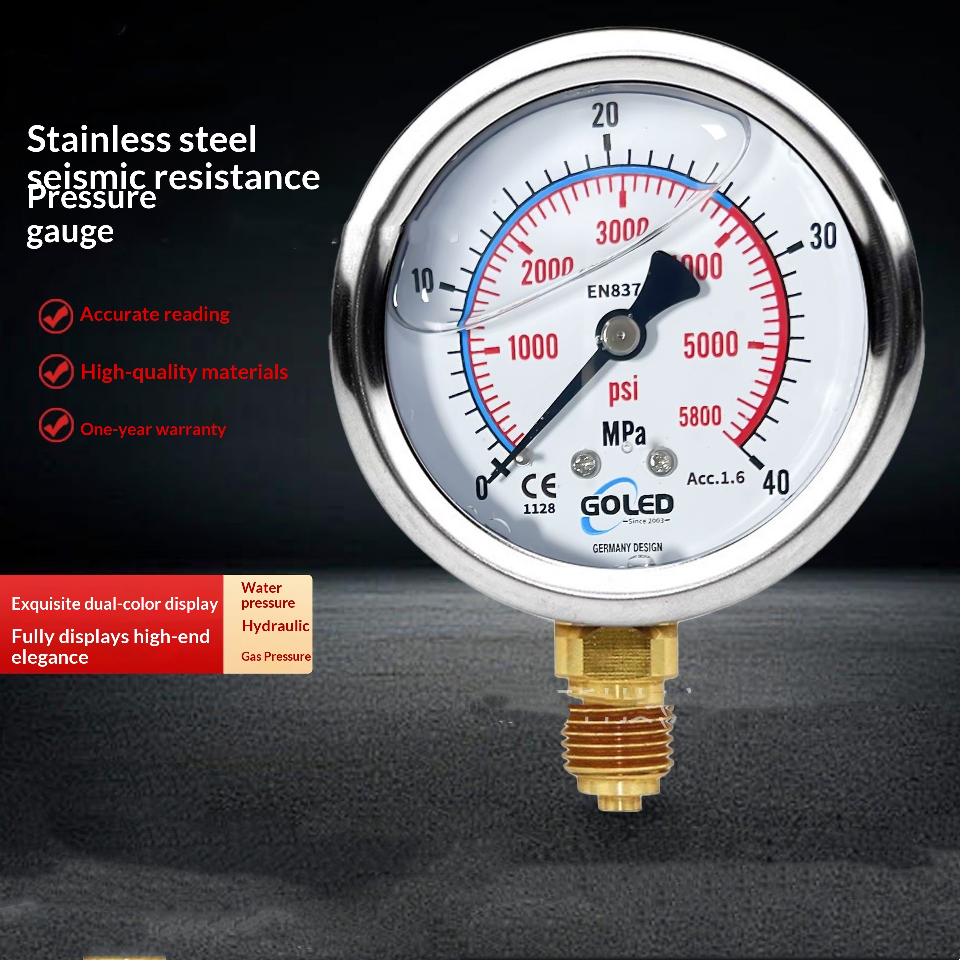 Stainless Steel Pneumatic Shock-Resistant Pressure Gauge