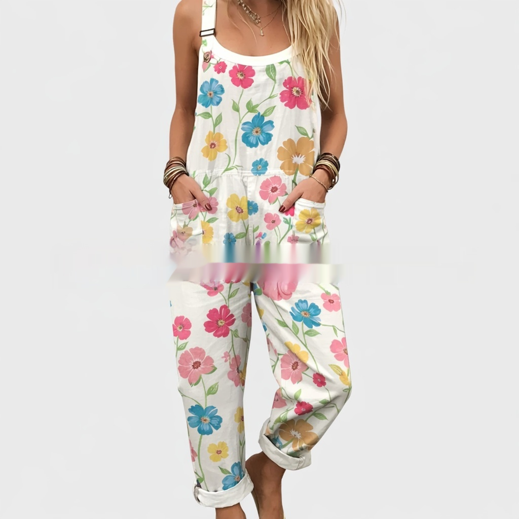 Women's 3D Printed Buttoned Strap Casual Jumpsuit