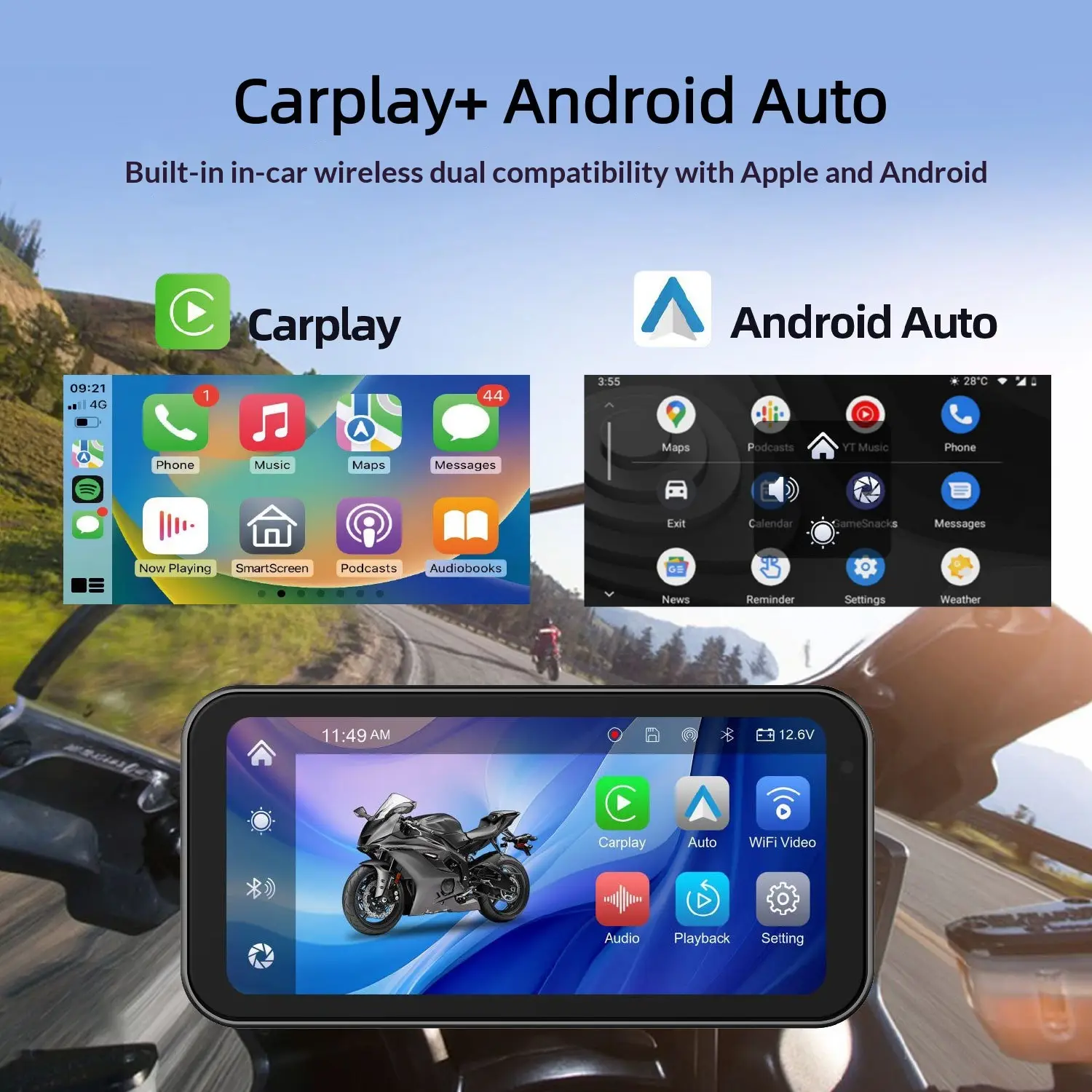 Motorcycle DVR With Wireless CarPlayAndroid Auto