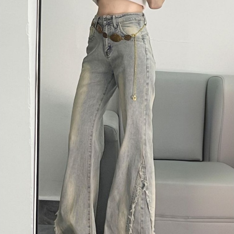 Plus-size American High-street Raw-edge Patchwork Bootcut Jeans