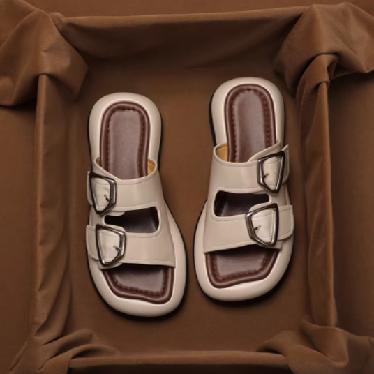 Genuine Leather Flat-Heeled Thick-Soled Open-Toe Slippers With Ankle Strap Casual Beach Sheepskin Slippers