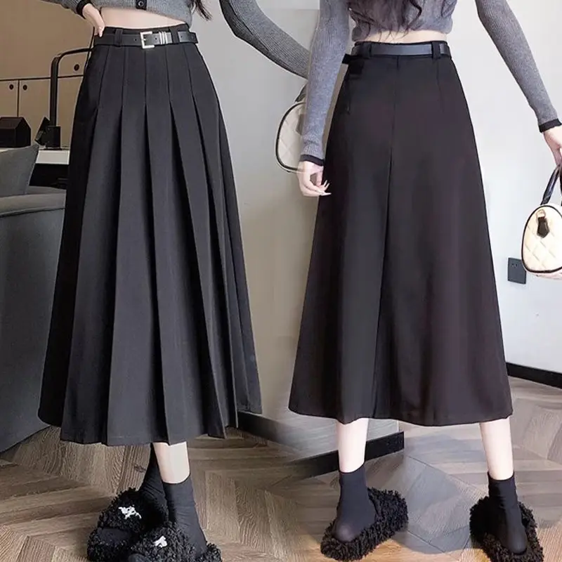 Pleated Long Skirt Minimalist French Style High Waist Slimming