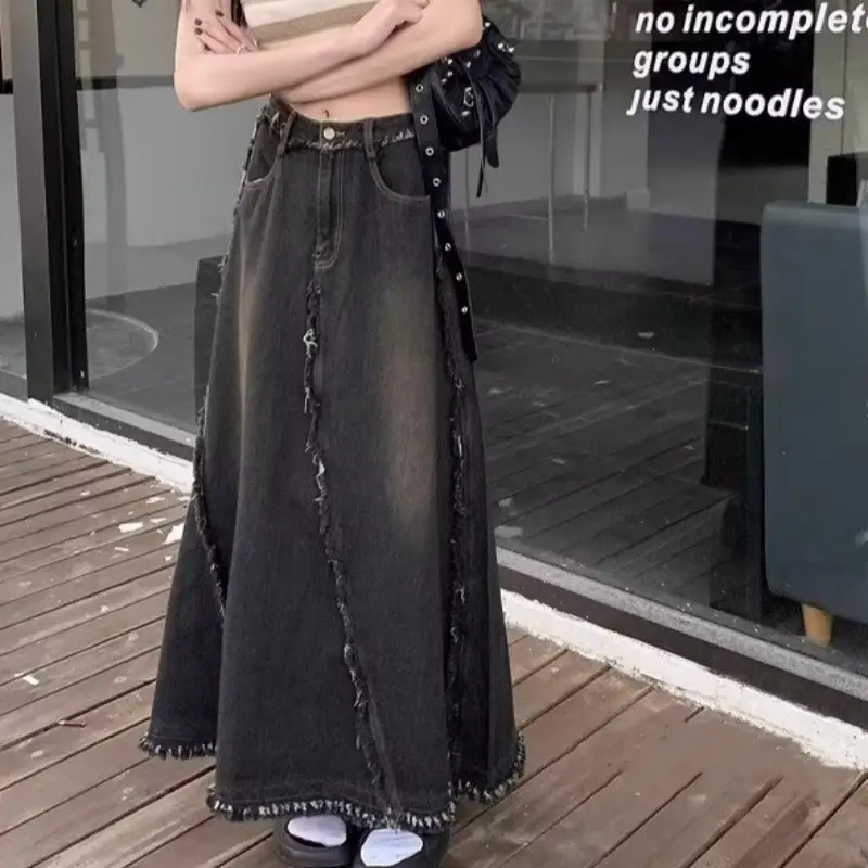 Black Denim Midi Skirt Women's Springautumn New Style