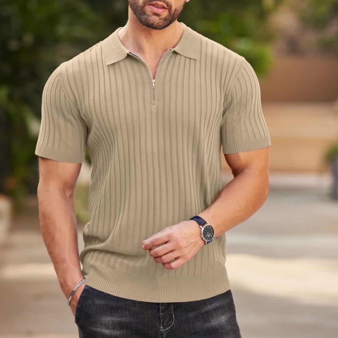 Mens Zip-Up Short-Sleeve Rib-Knit Polo T-Shirt Fashionable Casual Golf Shirt