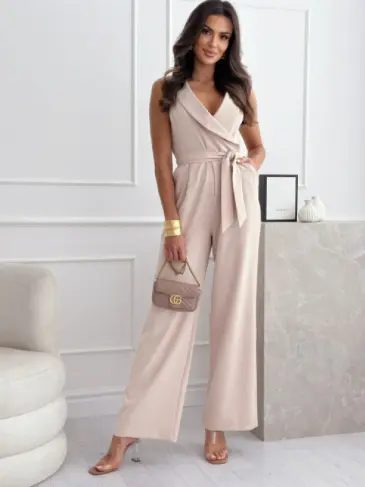 Women's Sleeveless Lapel-collar Wide-leg Jumpsuit With Belt And Pockets