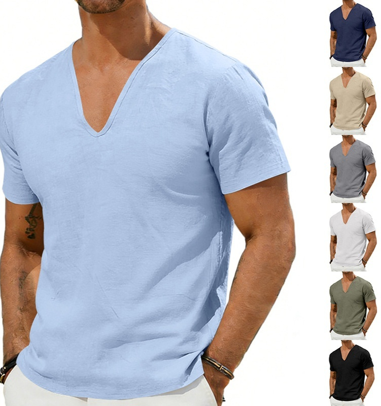Linen Short-Sleeve T-Shirt Casual Deep V-Neck Solid Color Loose Top Base Layer Shirt Men - Image 1