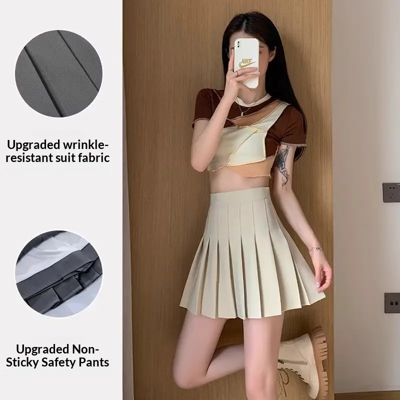 Gray High-waisted Pleated Womens Figure-flattering Short Skirt