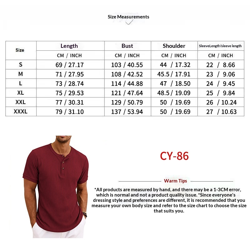 Summer New Men's Henley-Neck Ribbed T-Shirt