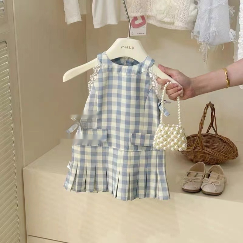 Childrens Sweet Blue Plaid Sleeveless Dress