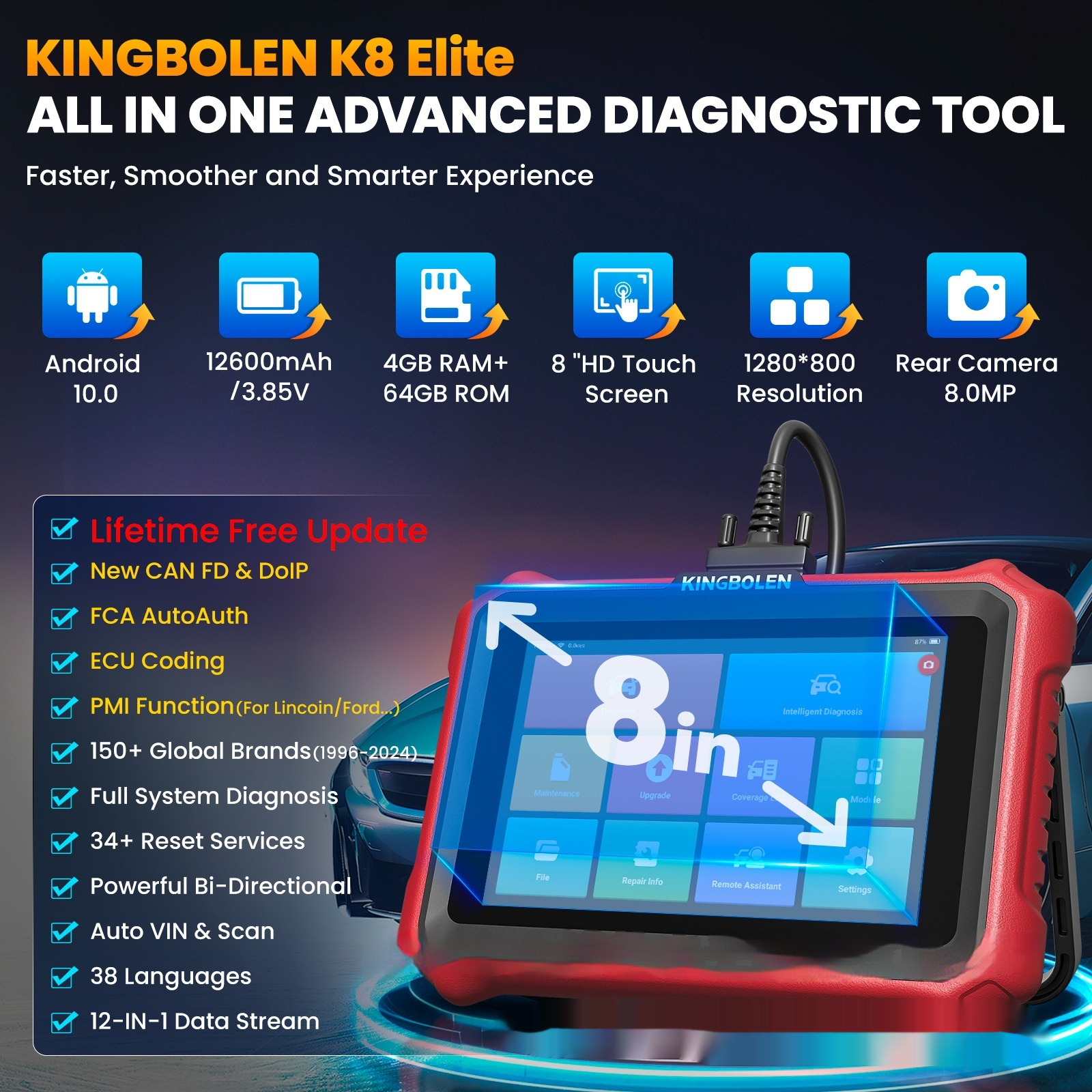 Scanner Automotivo K8 ELITE 8" – Diagnóstico Profissional com Tablet Android