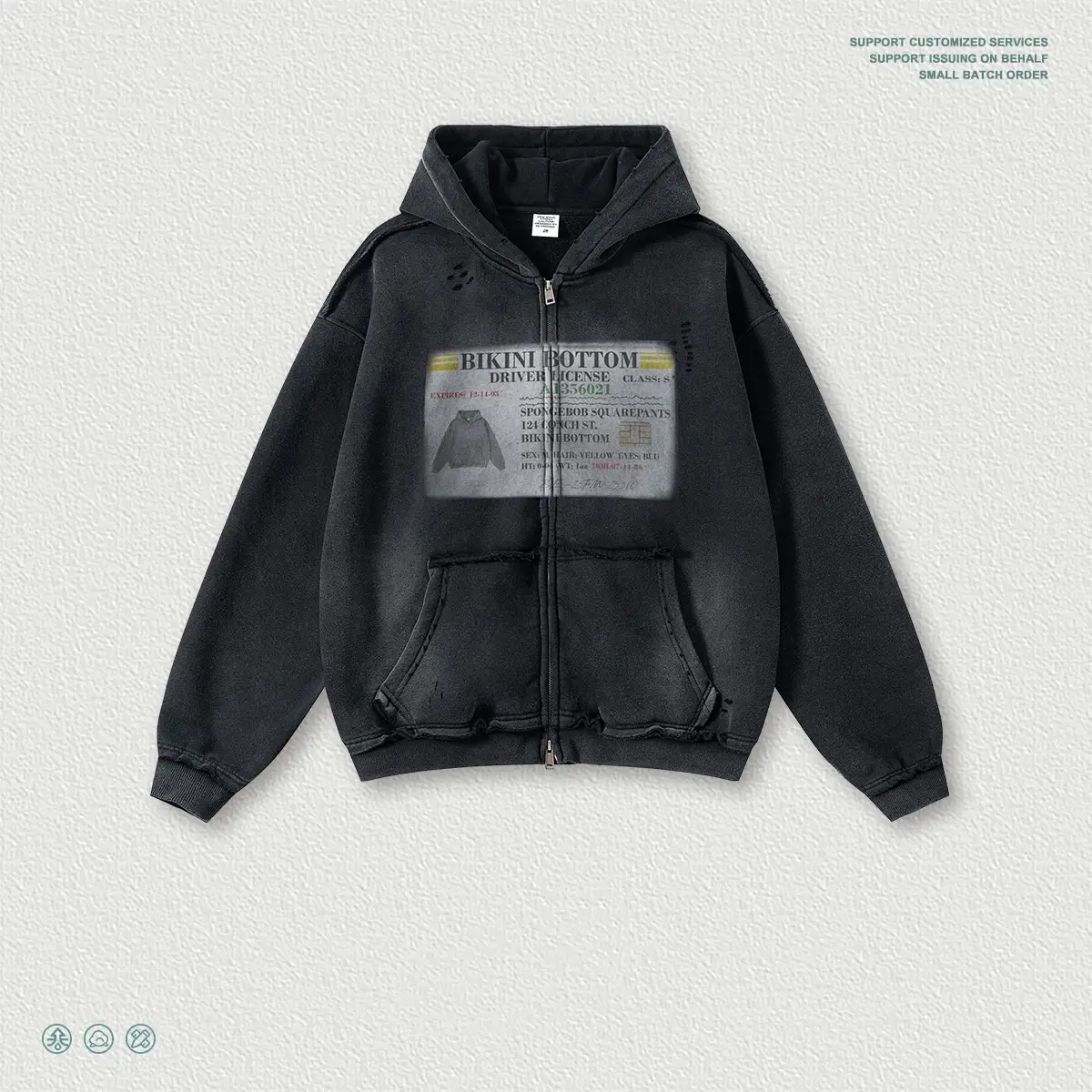 Mens Printed Ripped Zip-Up Hoodie Cardigan Coat