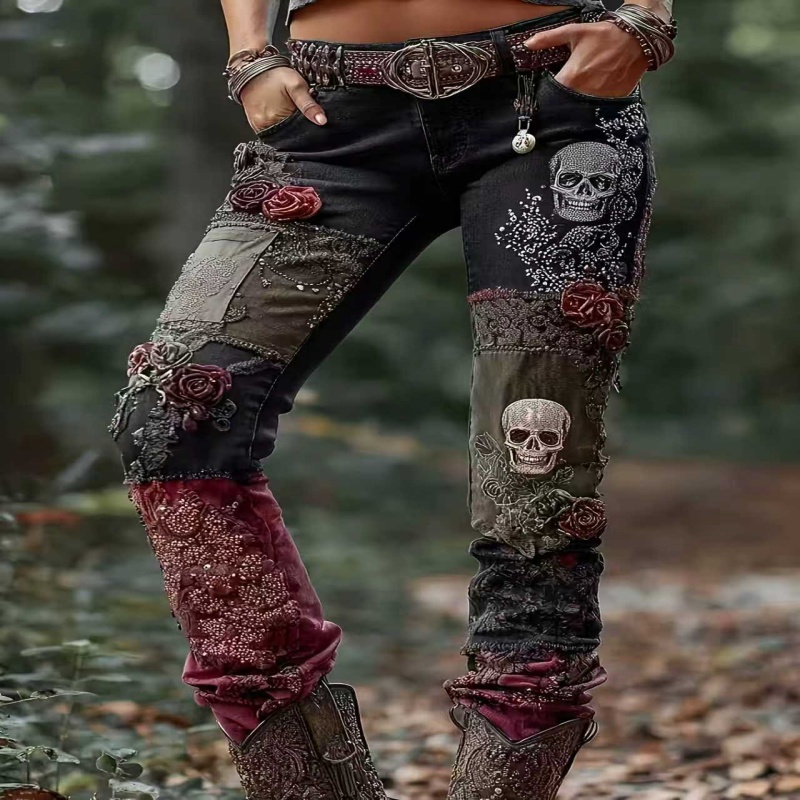 Womens Denim Jeans Womens Trousers With Colorful 3D Floral Prints