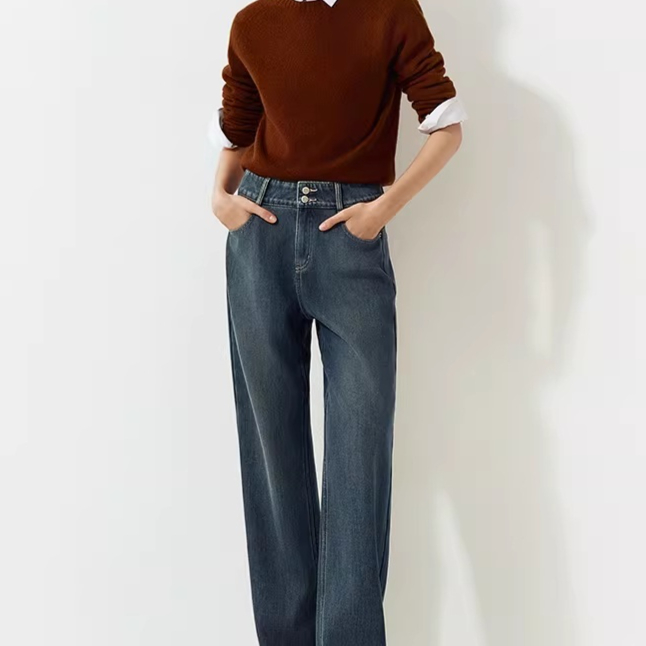 Womens Winter Fleece-Lined Straight-Leg Jeans High-Waisted Cool And Stylish Floor-Length Pants