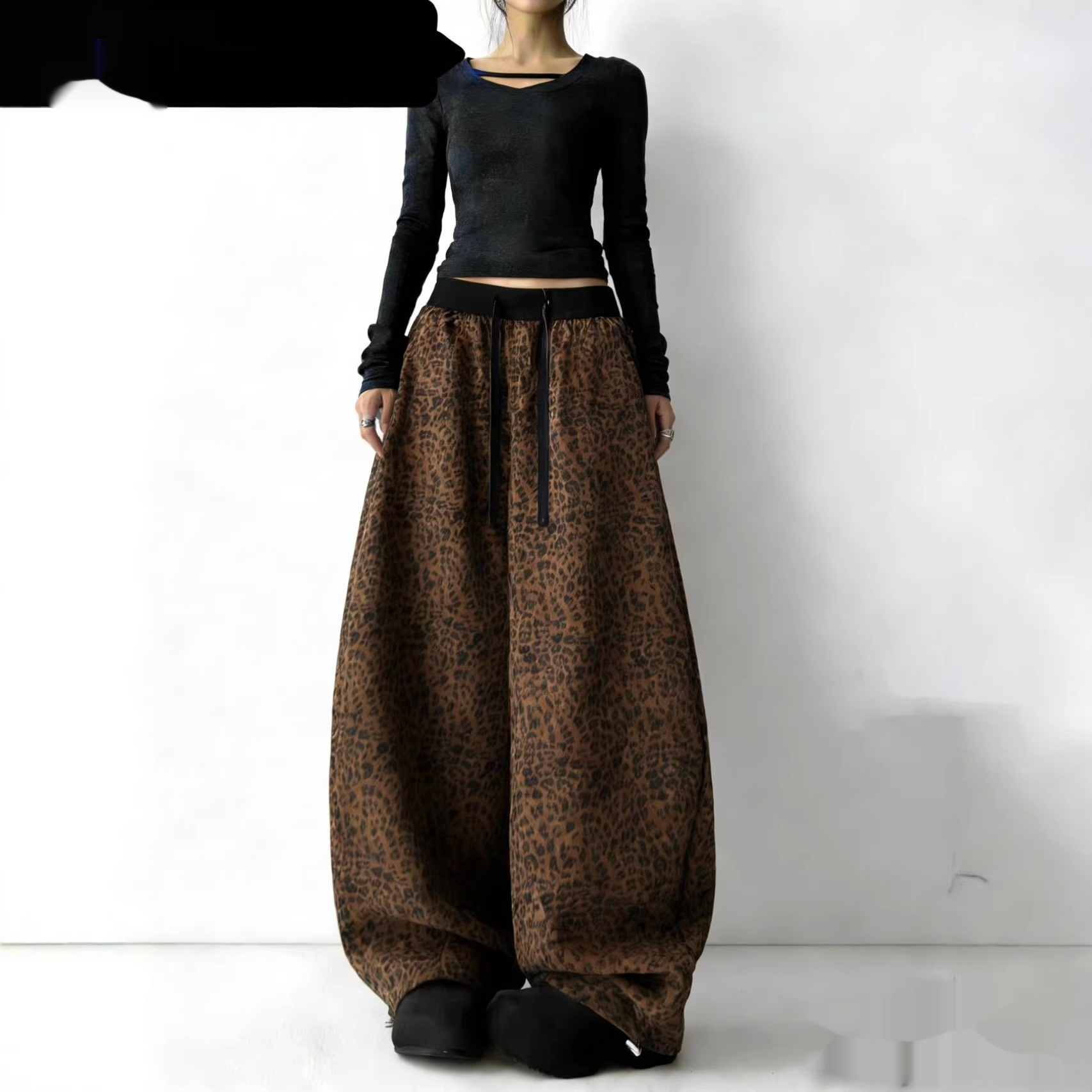 Womens Fashionable All-Match Leopard-Print High-Waist Wide-Leg Pants