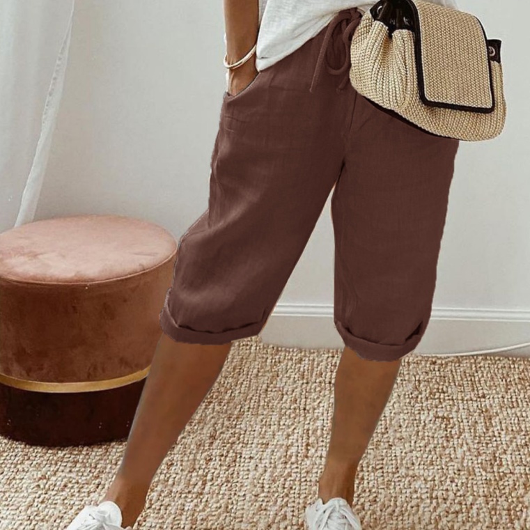 Women's Cotton And Linen Pocket Elasticated Slacks Women's Fifth Pants