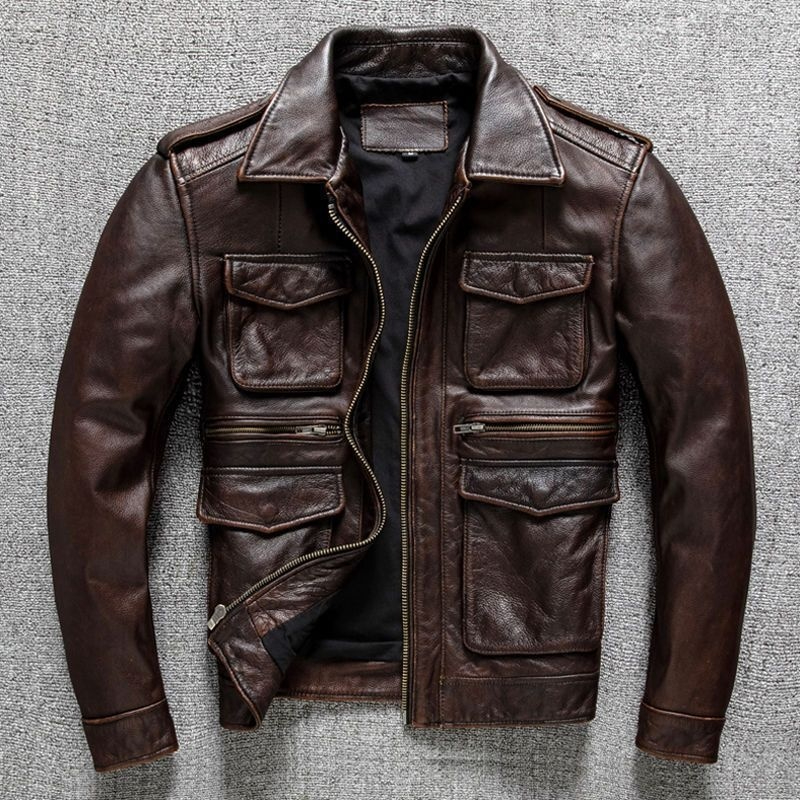 Retro-style Slim-fit Lapel Leather Jacket For Men - Image 1